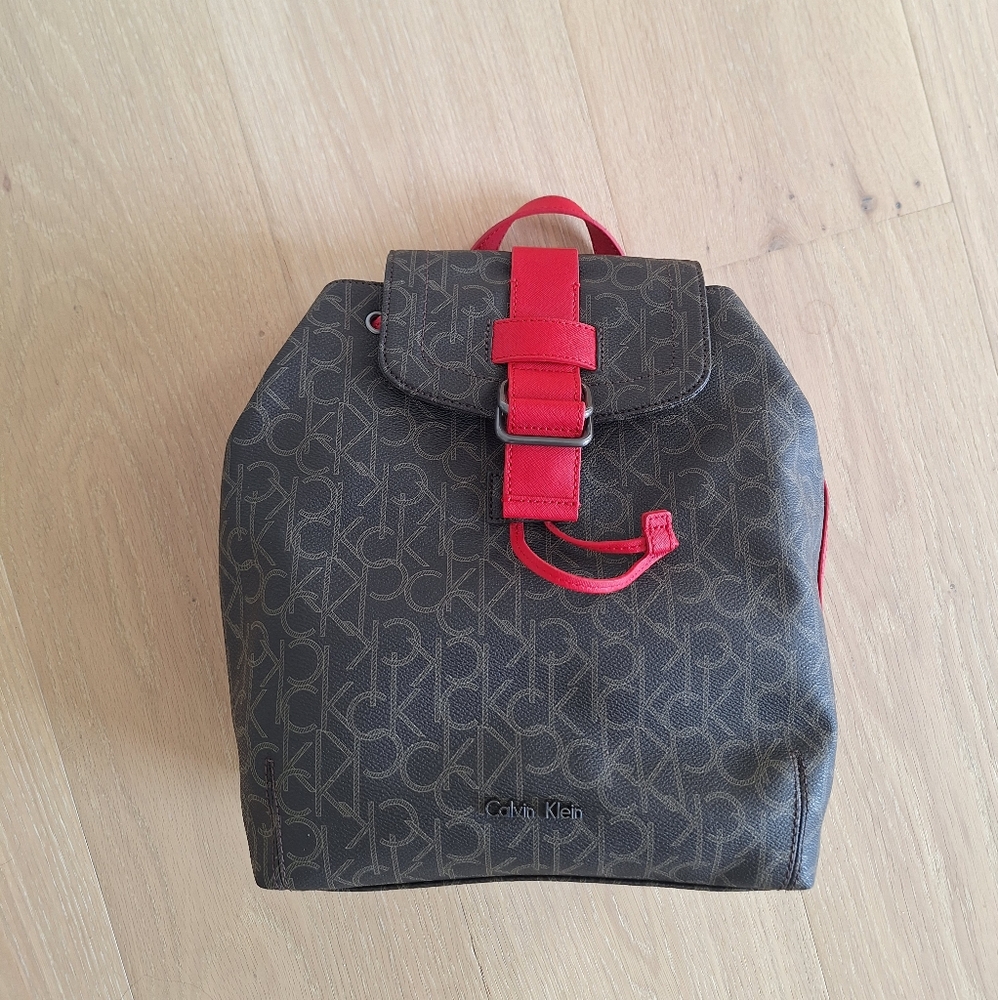 NWT Calvin Klein  Logo Backpack Dark Brown/ Red New With Tags